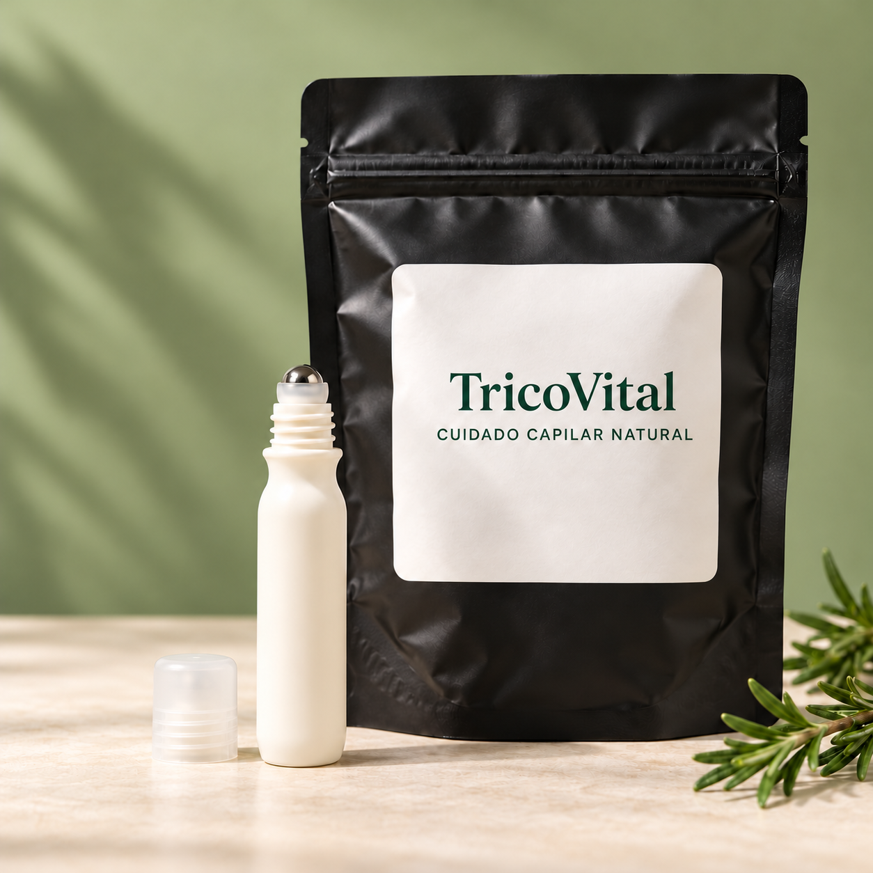 Composição ilustrativa do kit: saquinho preto com rótulo Tricor Vital e 1 frasco branco sem marca de 15 ml