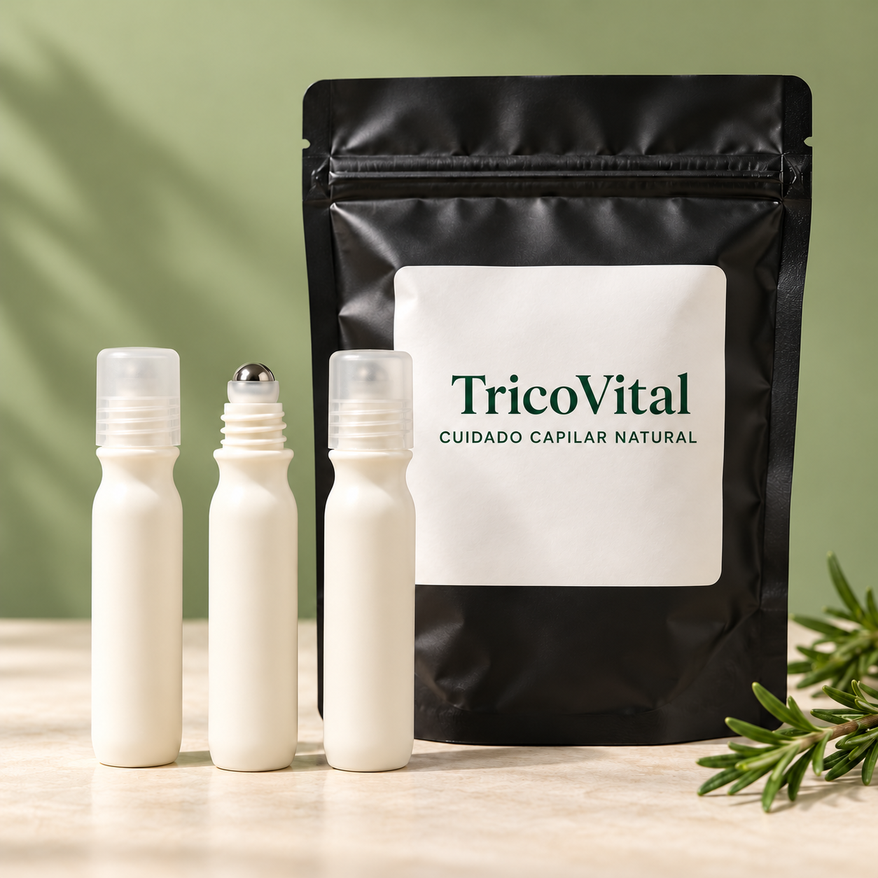 Composição ilustrativa do kit: saquinho preto com rótulo Tricor Vital e 3 frascos brancos sem marca de 15 ml